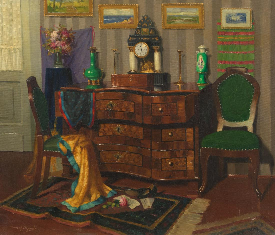 Arpad Romek (Hungarian, 1883 - 1960): 23-1/2" x 27-1/2" Interior scene. Oil on canvas, signed lower left, unframed.
