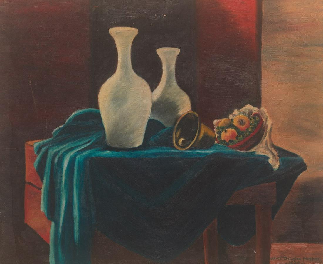 Alice Douglas Mather (American, 1915-2006) after: 24" x 20" "The Sentinels", 1944. Oil on canvas painting after a still life titled "The Sentinels" by Alexander Brook, signed and dated lower right, overall 26-1/2" x 22-1/2". Verso of canvas inscribed