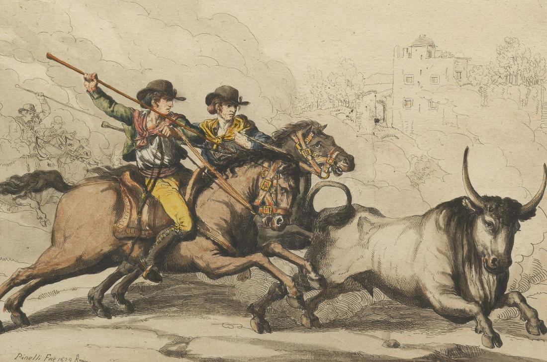 Bartolomeo Pinelli (Italian, 1781 - 1835): 7-1/2" x 11-1/8" plate size "Cavalcature che conducono le bestie bovine in Roma, per macellare (Cattle Driven to the Slaughter in Rome)"(Plate 16), 1809. Color engraving, signed and dated in plate low