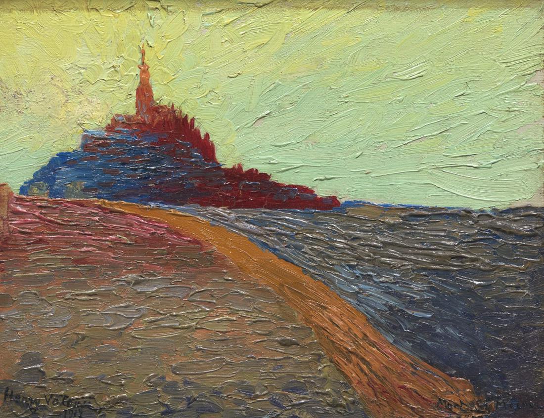 Henry Valensi (French, 1883 - 1960): 7" x 9" "Mont Saint-Michel", 1917. Oil on board, signd and dated lower left, titled lower right, in a custom Arte de Triumph, Chicago wooden frame, overall 11-3/4" x 13-3/4".