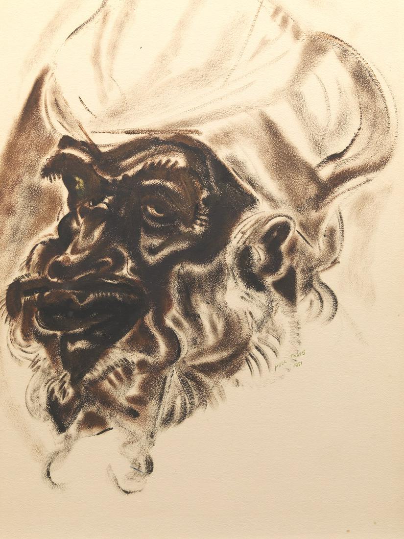 Paul Bough Travis (American, 1891 - 1975): 28" x 19 1/2" paper "Old Zanzibari", 1951. Watercolor on illustration board, signed and dated 1951 lower right, titled and dated verso, matted and framed under plexiglass in natural wood frame, overal