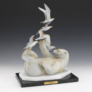 Kim Kori (American, Contemporary): 17" x 12" x 12" "Ice Follies", 1997. Bronze sculpture of a polar bear playing with seagulls. Signed and dated on the base. View and Bid on AspireAuctions.com