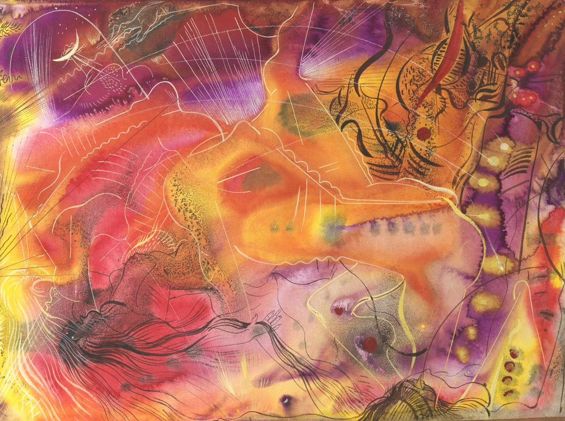 Paul Bough Travis (American, 1891 - 1975): 22" x 29" paper "Mid Summer Night", 1955. Watercolor on paper, signed and dated lower right, signed, titled and dated Jan 1955 verso, matted and framed behind glass in gold tone wood frame, overall 31