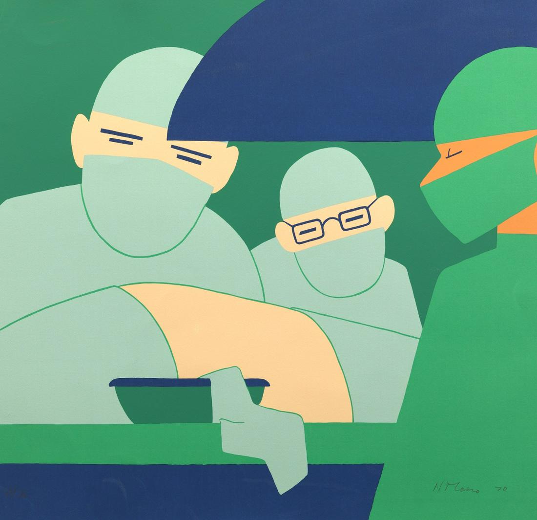 Nicholas Monro (British, b. 1936): 24-7/8" x 25-5/8" image size 27-3/8" x 39-3/4" paper size "Operating Theater", 1970. Screenprint in colors on wove paper, signed and dated in pencil lower right, numbered in pencil 38/75 lower left, u