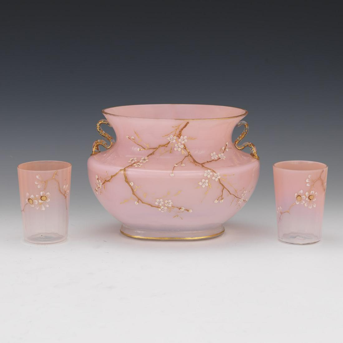 Moser Pink Glass Vase with Optic Glass Tumblers: Three pieces of Moser glass, delicate Renaissance blush palette, hand decorated in raised design, depicting enameled blossoming flowers with gilt highlights, including: ovoid form vase with flared sho