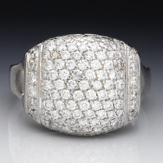 Chimento Italian Gold and Diamond Dome Ring: Ring size 6-6.5 18k white gold dome ring, pave set with round brilliant cut diamonds, total estimated diamond weight 1.55 ct, VS-SI clarity, G color; marked on the inside; overall weight 9.6 gm. View