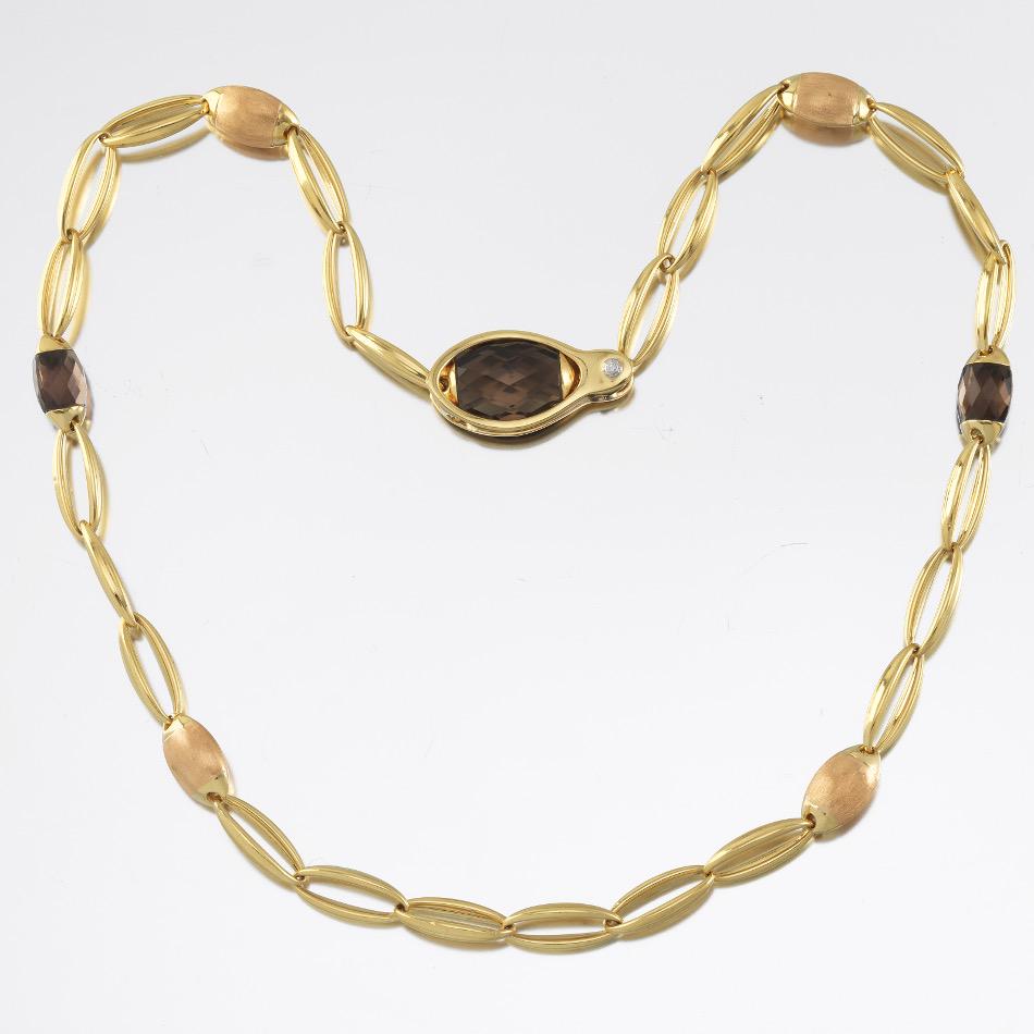 Chimento Italian Gold, Smoky Quartz and Diamond Fashion Necklace: 21-3/4" 18k two-tone gold oval link necklace with clip-on large hinged clasp, adorned with rose gold oval beads with Byzantine finish, and faceted smoky quartz beads, apprx. 12 mm x 10 mm and 20 mm x