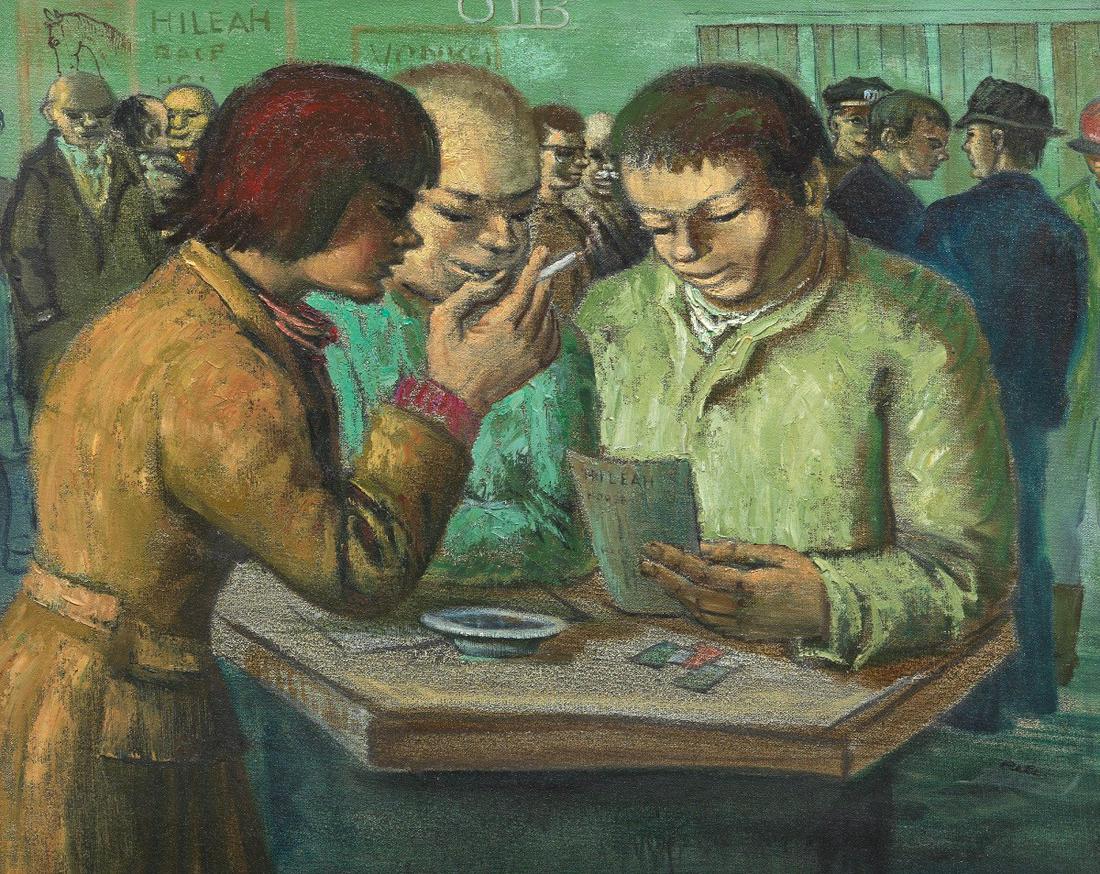 Albert Pels (American, 1910 - 1998): 20" x 24 1/2" "Horse Parlor". Oil on canvas, signed lower right, titled and inscribed verso, in wood frame, 25 1/2" x 30" overall. View and Bid on AspireAuctions.com