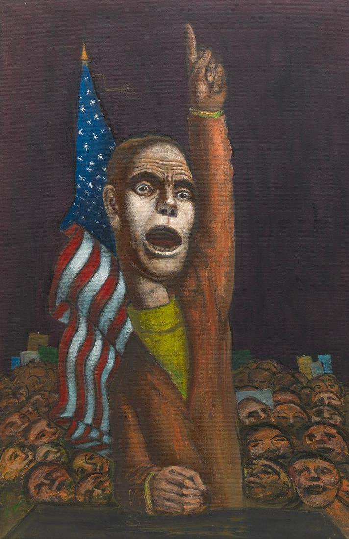 Albert Pels (American 1910 - 1998): 29" x 19" "The Candidate". Oil on canvas, unsigned, titled in pencil verso, "The Candidate" and "The Orator", backed with foamcore in a black metal frame, 29 1/4" x 19 1/4" overall. View and Bid on