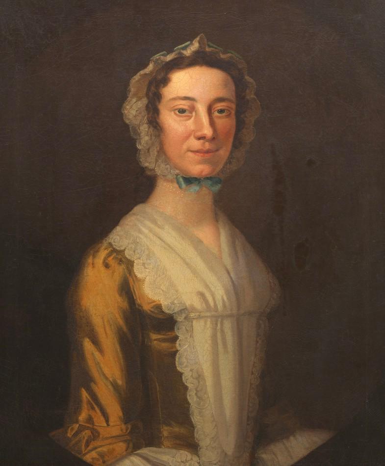 John Wollaston (British, 1710 - 1775): 29-1/2" x 24" Anna Burke. Oil on canvas, half length portrait, no signature visible, in original carved wood gilt over gesso ornate fame, overall 37-1/4" x 33". Provenance: commissioned by Richard Bur