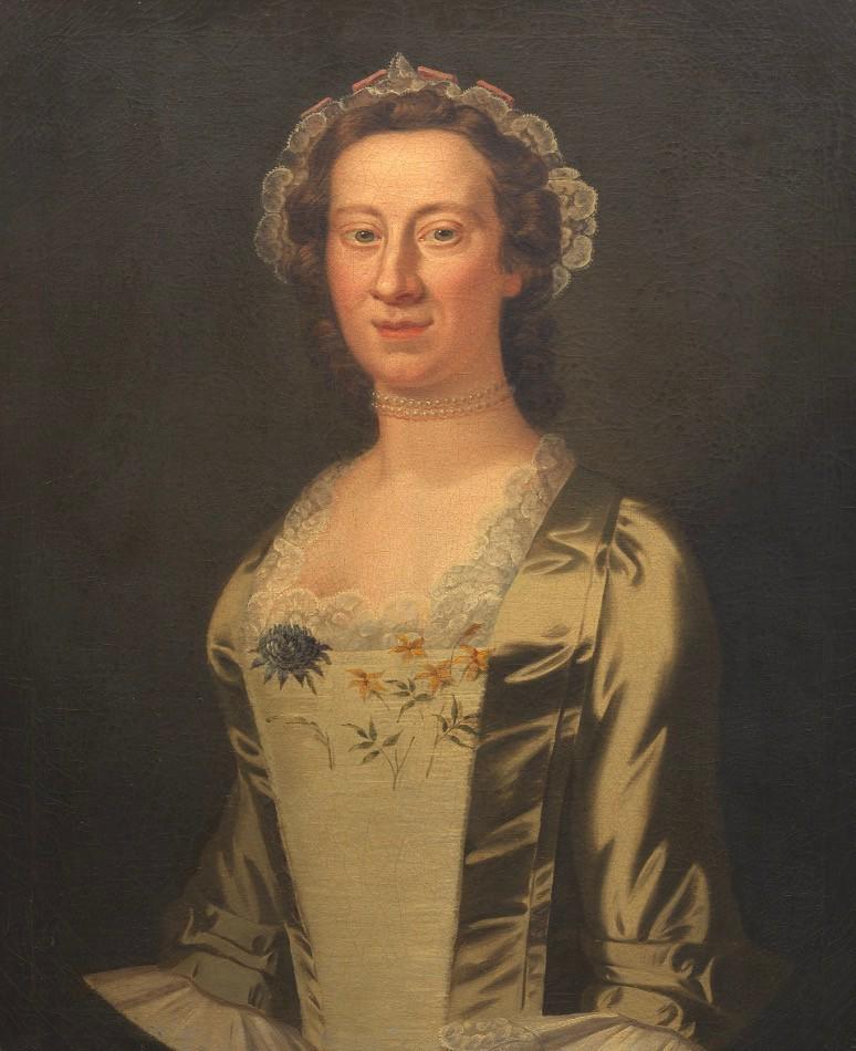 John Wollaston (British, 1710 - 1775): image 29-1/2" x 24-1/4" Maria Burke. Oil on canvas, half length portrait, no signature visible, in original carved wood gilt over gesso ornate fame, overall 37" x 32-1/4". Provenance: commissioned by