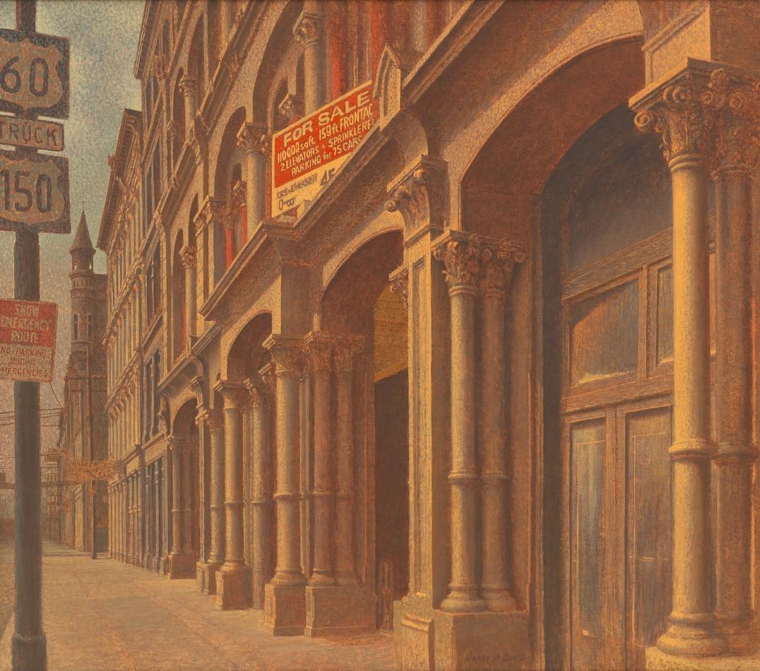 Harry Allen Davis Jr. (American, 1914 - 2006): 40" x 46" "West Main Street, Louisville, KY". Acrylic on canvas, signed lower center, in a metallic frame, overall 43" x 48-1/2". View and Bid on AspireAuctions.com