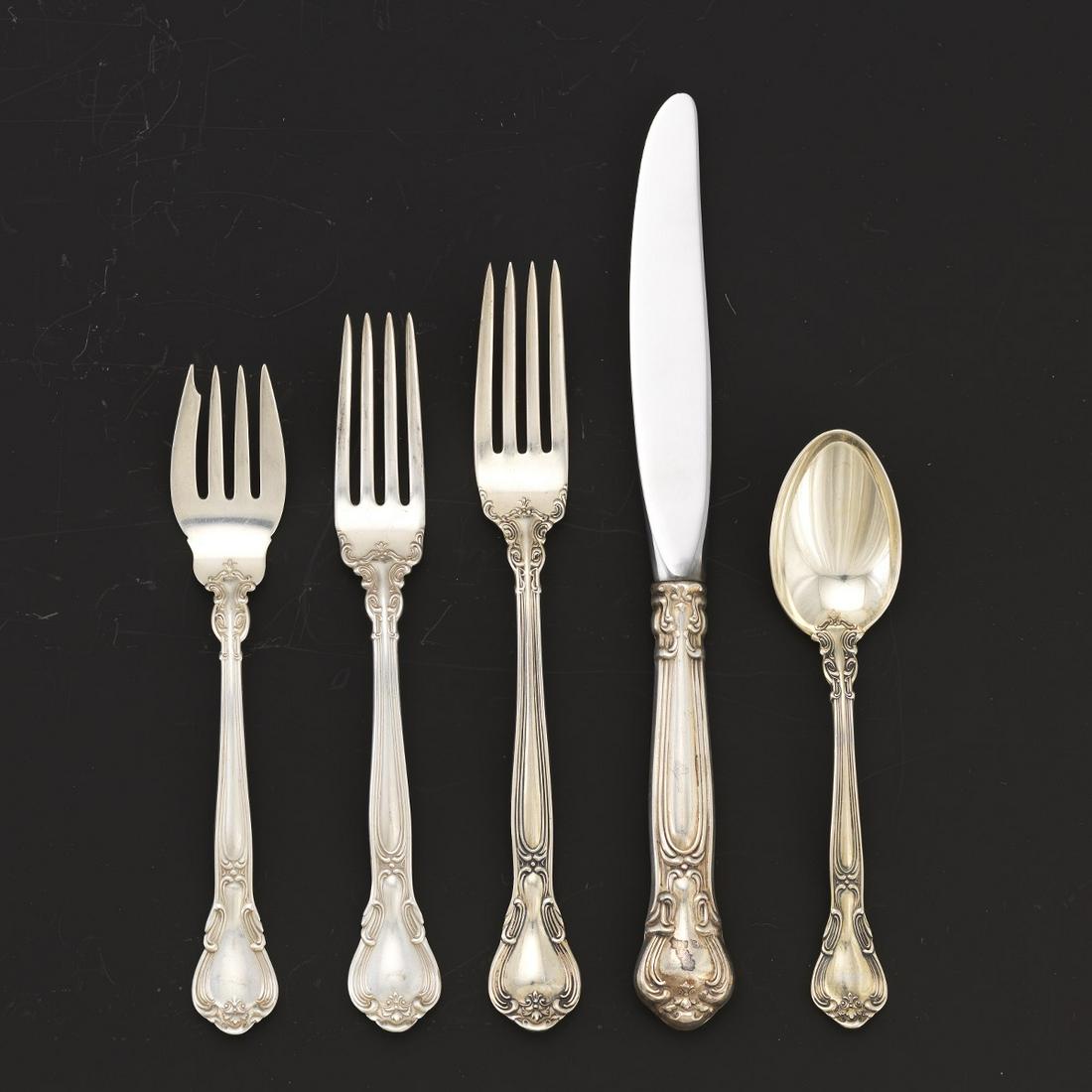 Gorham Flatware Set, "Chantilly" Pattern: Totaling 56 pieces, including: 8 forks, 7 1/2"L; 4 forks, 7"L; 11 salad forks, 6 1/2"L; 17 teaspoons, 5 3/4"L; 2 tablespoons, 8 3/8"L; 1 continental fork, 8 1/2"L; 1 salad serving fork, 9"L; 1 salad s