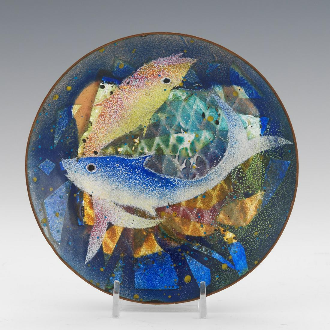 Virgil Cantini (American, 1919 - 2009): 1-3/8" x 5-3/4" Rounded tapered form copper alloy bronze footed bowl, polychrome glaze with silver foil backing, fish design on the interior and exterior, signed on the underside.