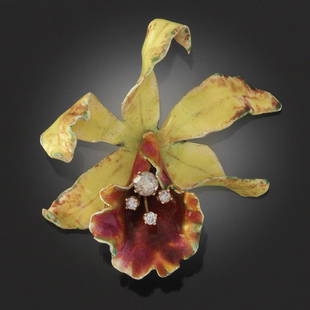 Russell Trusso Enamel and Diamond Orchid Brooch: 2-¼"L x 1-⅞"W x 1"D 18k yellow gold brooch in the shape of an orchid blossom, decorated in shaded pink and yellow enameling; center set with four round cut diamonds, total