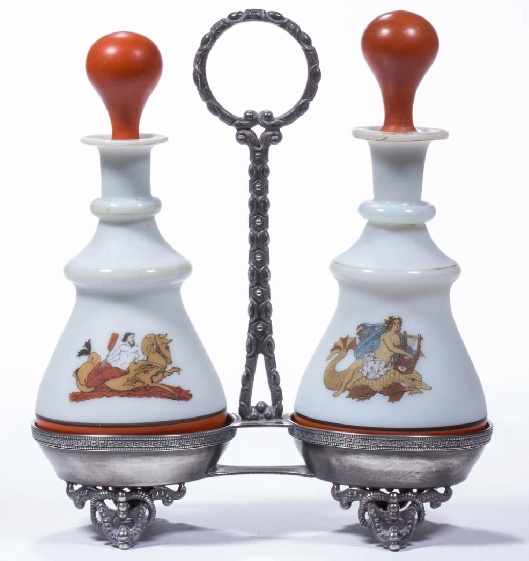 DECORATED OPAL PAIR OF COLOGNE BOTTLES WITH STAND (1 of 2)