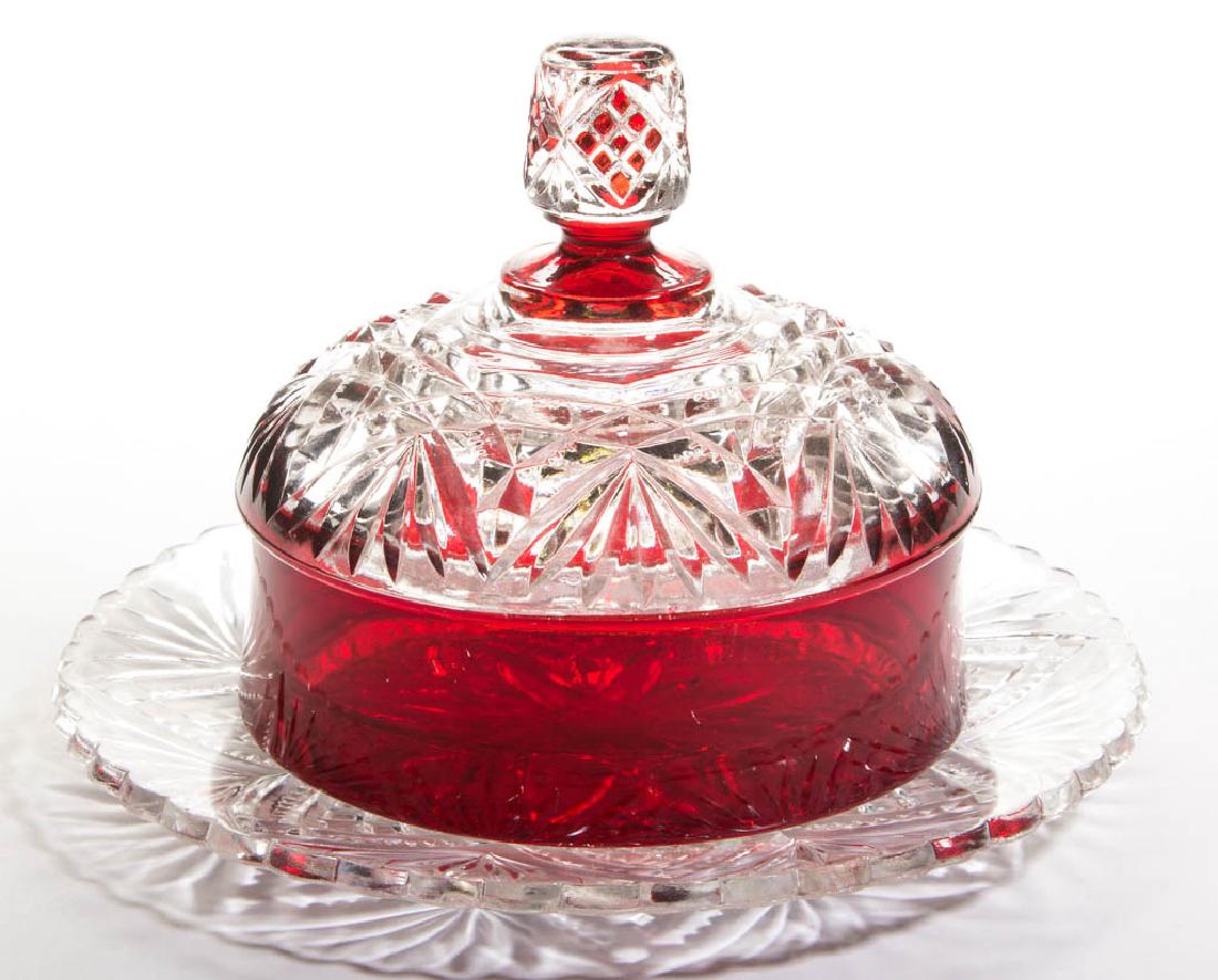 DIAMOND AND SUNBURST - RUBY-STAINED BUTTER DISH (1 of 1)