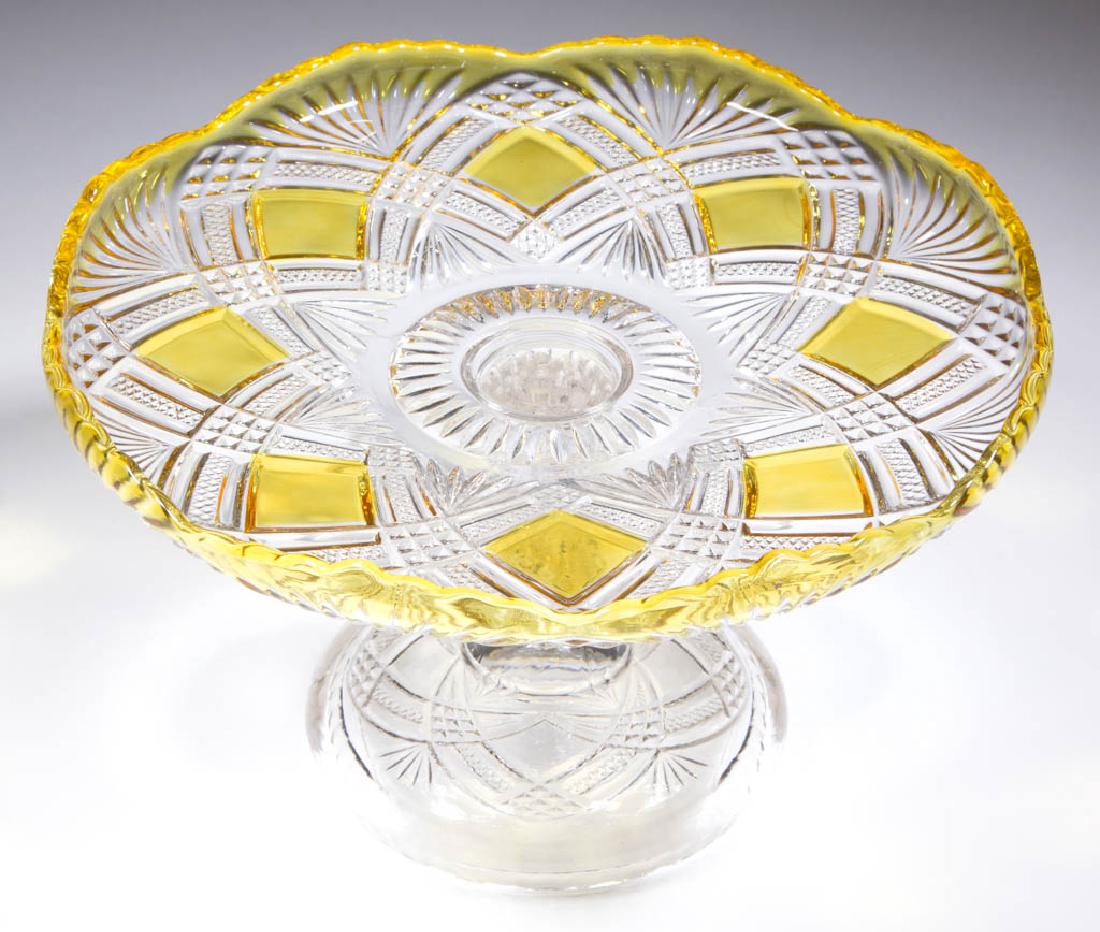 TACOMA (OMN) - AMBER-STAINED CAKE STAND: TACOMA (OMN) - AMBER-STAINED CAKE STAND, colorless. Greensburg Glass Co. 1894-1903. 5 3/4" H, 9 1/2" D. Undamaged. Provenance: From the collection of the late Ed Kleppinger of New Orleans, LA.