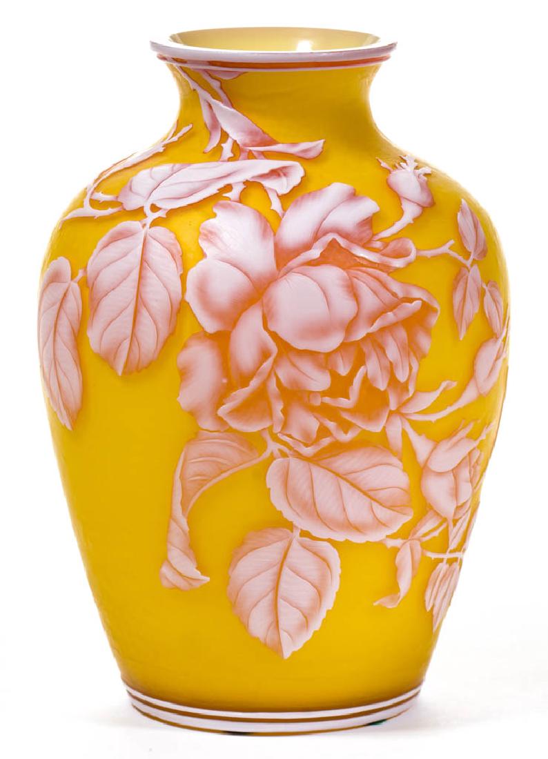 THOMAS WEBB CAMEO THREE-COLOR ART GLASS VASE: THOMAS WEBB CAMEO THREE-COLOR ART GLASS VASE, white to ruby to Citron, floral carving to each side, factory polished rim and table ring, signed, "TIFFANY AND CO./PARIS EXHIBITION/1889/THOMAS WEBB & SO
