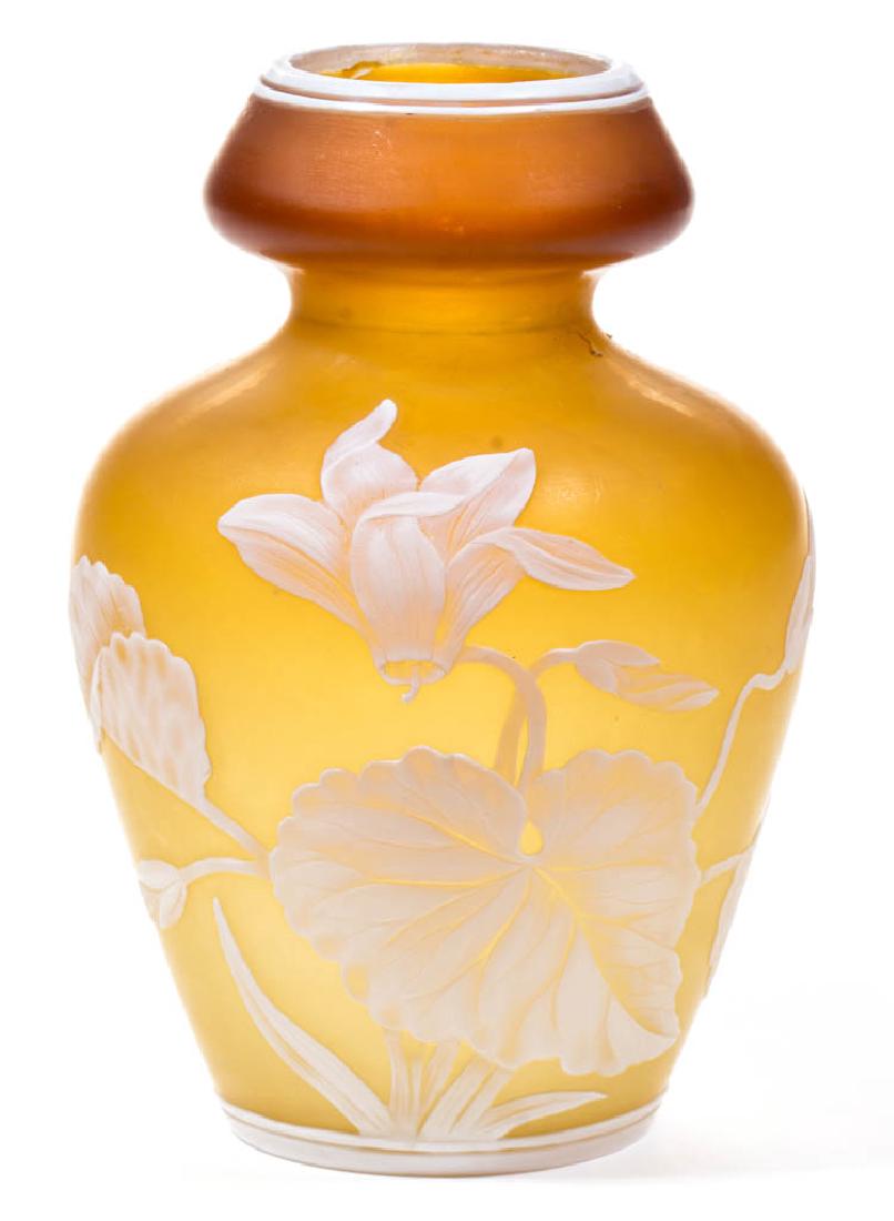 ENGLISH CAMEO ART GLASS VASE: ENGLISH CAMEO ART GLASS VASE, white to shaded apricot, floral cutting with a single butterfly to the reverse, factory-polished pontil mark and table ring. Probably Thomas Webb & Sons. Fourth quarter 1