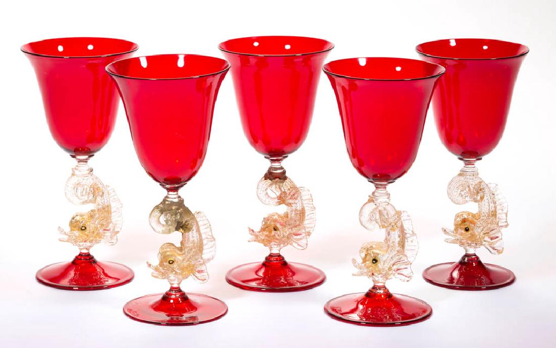 SALVIATI MURANO DOLPHIN-STEM GOBLETS, LOT OF FIVE (1 of 1)