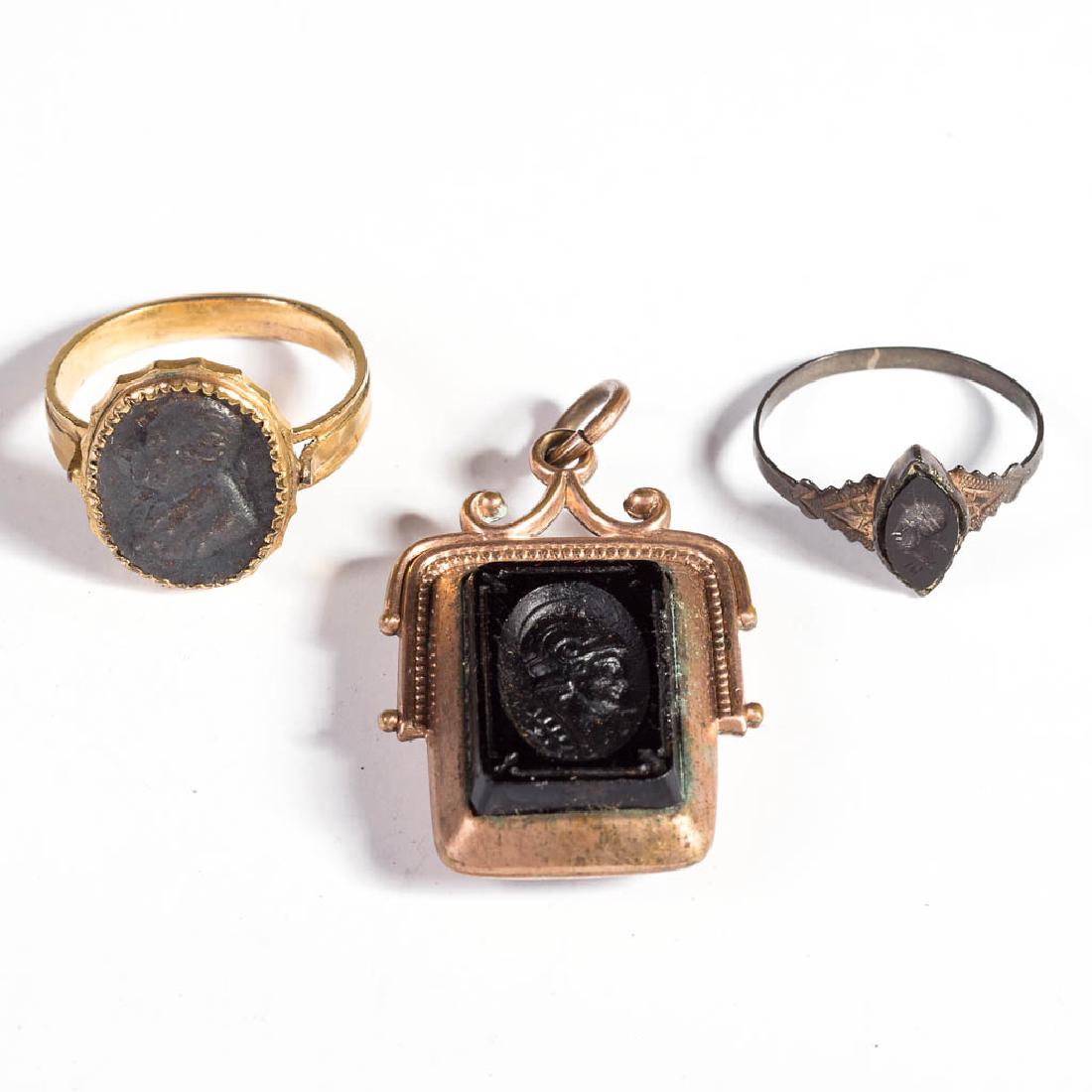 ANTIQUE INTAGLIO JEWELRY ARTICLES, LOT OF THREE (1 of 2)