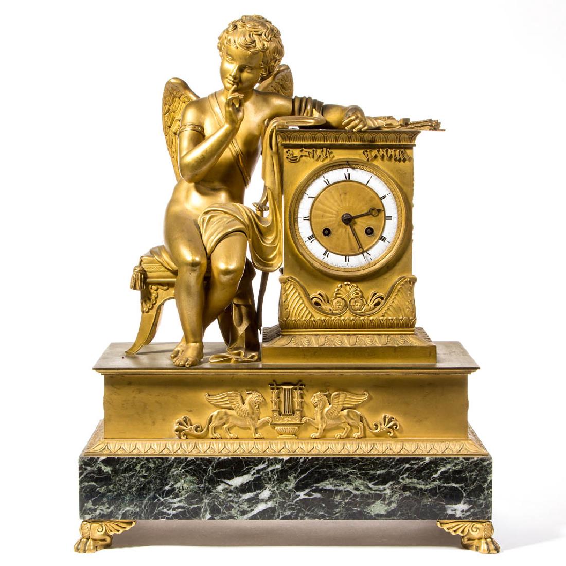 FRENCH GILT-BRASS AND MARBLE FIGURAL MANTLE CLOCK (1 of 4)