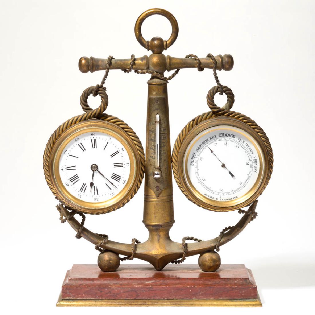 GILT-BRASS AND MARBLE BAROMETER AND CLOCK DESK SET (1 of 2)