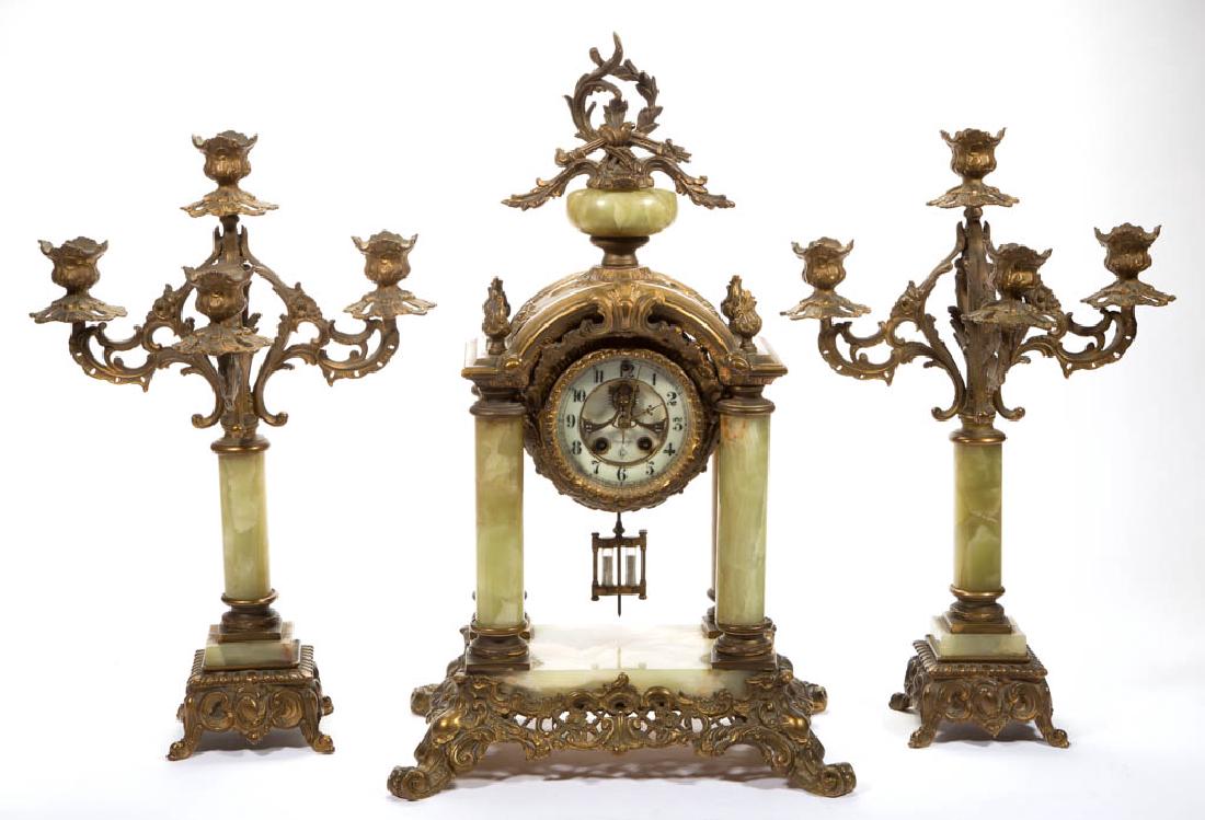 GILBERT ALABASTER AND GILT-BRASS MANTLE CLOCK GARNITURE (1 of 3)
