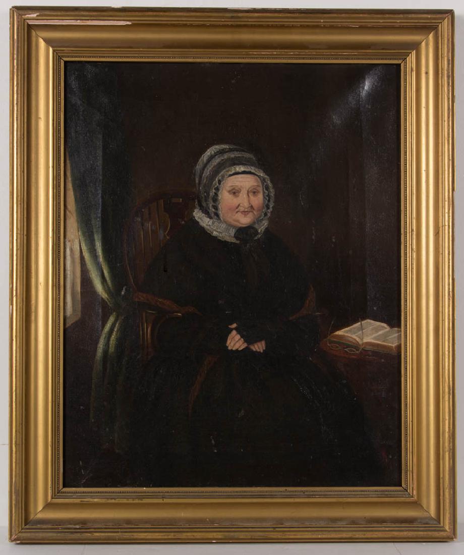 BRITISH SCHOOL (19TH CENTURY) PORTRAIT OF A WOMAN: BRITISH SCHOOL (19TH CENTURY) PORTRAIT OF A WOMAN, oil on canvas, three-quarter length depiction of an elderly lady seated in a Windsor-style "Welsh" armchair, no signature located, inscribed (in late
