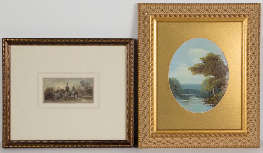 BRITISH SCHOOL (19TH CENTURY) LANDSCAPE PAINTING: BRITISH SCHOOL (19TH CENTURY) LANDSCAPE PAINTING, watercolor on paper, a diminutive depiction of a country church in moonlight, no signature located, retains old ink inscription visible verso which me