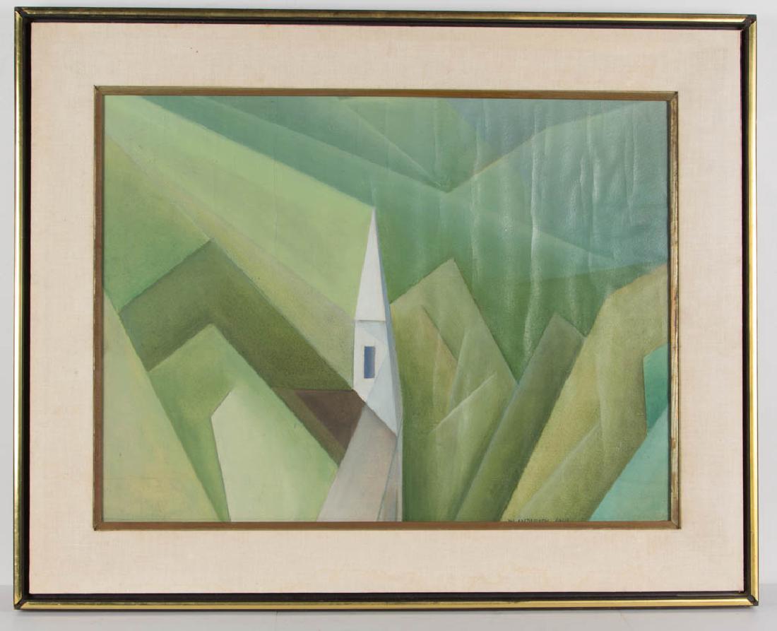 WINSLOW ANDERSON (AMERICAN, 1917-2007) ABSTRACT: WINSLOW ANDERSON (AMERICAN, 1917-2007) ABSTRACT LANDSCAPE PAINTING, appears to be oil/acrylic on canvas, likely an Alfred, New York scene of Cubist influence, executed during the artist's first year a