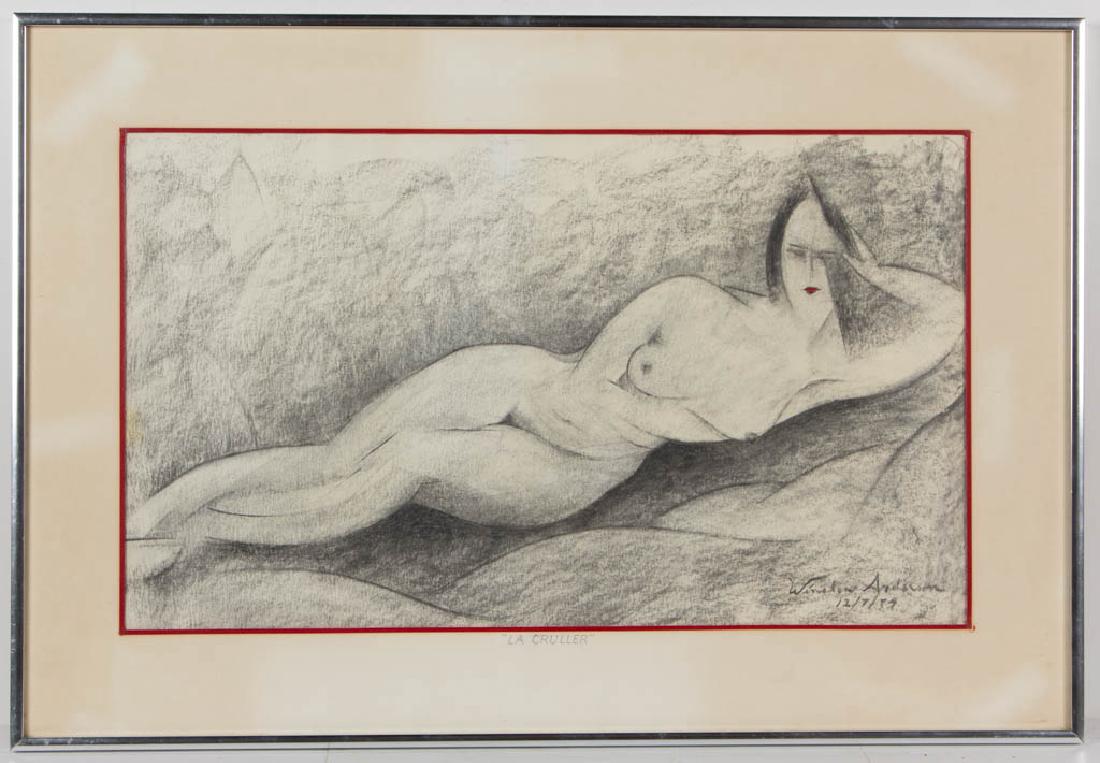 WINSLOW ANDERSON (AMERICAN, 1917-2007) NUDE PORTRAIT OF: WINSLOW ANDERSON (AMERICAN, 1917-2007) NUDE PORTRAIT OF A WOMAN, charcoal on paper, reclining figure with bright red lips, signed "Winslow Anderson 12/7/74" lower right., titled at lower edge in matte