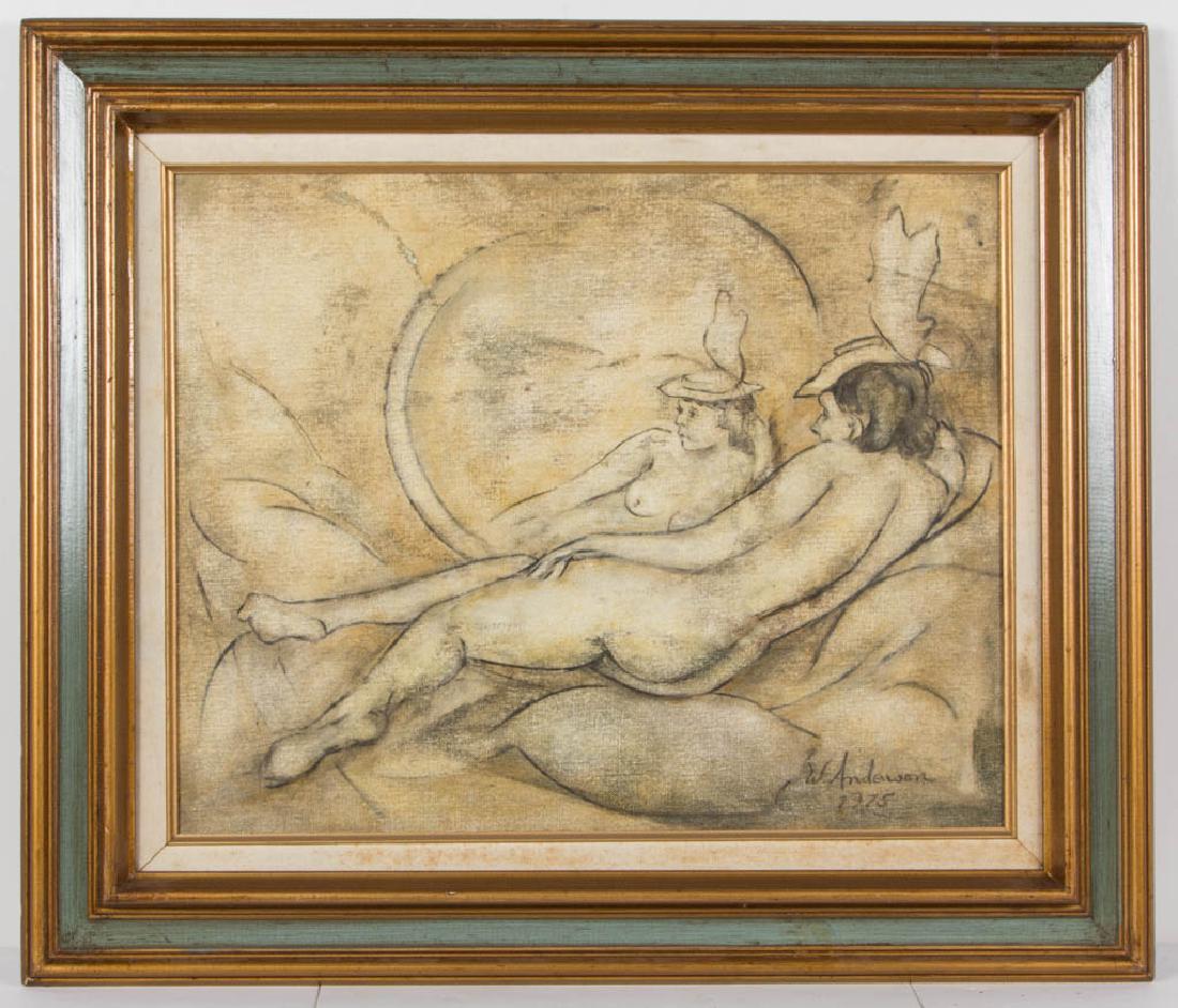 WINSLOW ANDERSON (AMERICAN, 1917-2007) "THE NEW: WINSLOW ANDERSON (AMERICAN, 1917-2007) "THE NEW HAT/LADY WITH MIRROR" PORTRAIT OF A WOMAN, charcoal on canvasboard with light varnish/shellac, reclining nude figure wearing feathered hat in front of a