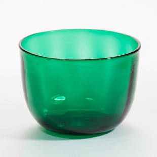 EARLY BLENKO GLASS BOWL: EARLY BLENKO GLASS BOWL, deep green, Optic design, rough pontil mark, signed, "BLENKO/CIRCA 1938". Possibly made by Carl Ebert Erickson. 1938. 4" H, 5 1/2" D rim.Undamaged with excepted minute shelf w