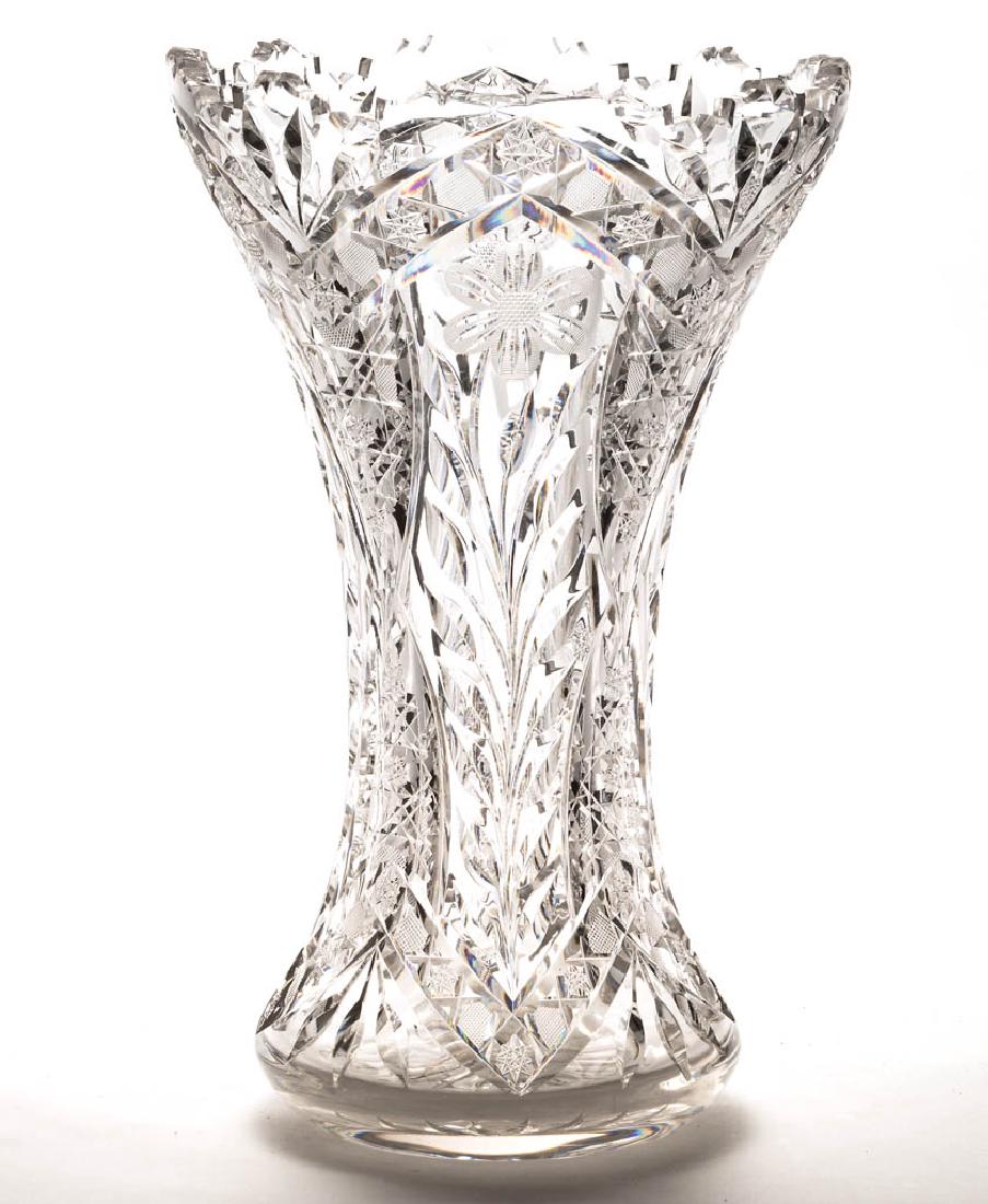 FRY CUT AND ENGRAVED VASE: FRY CUT AND ENGRAVED VASE, corset form, cut primrose sprigs alternating with vesicas of hobstars and strawberry diamonds between cut petals, scalloped rim, sunburst base. Acid etched "Fry" mark near r