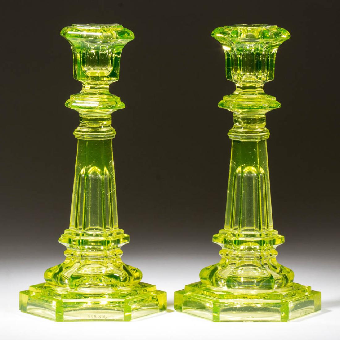 PRESSED HEXAGONAL PAIR OF CANDLESTICKS (1 of 1)