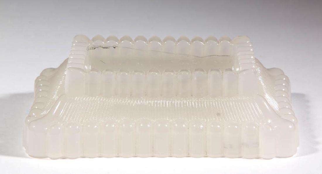 SANDWICH PRESSED RIBBED / ONION MATCH HOLDER / TRAY: SANDWICH PRESSED RIBBED / ONION MATCH HOLDER / TRAY, alabaster/clambroth, rectangular form with a ribbed gallery, deep concave well, striker sides, and a ribbed base. Boston & Sandwich Glass Co. 1860-