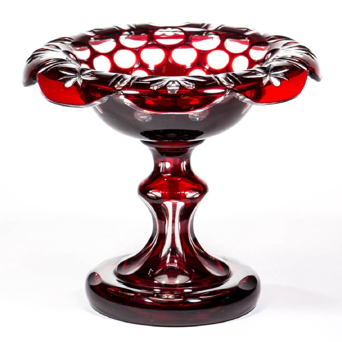 CUT FLASHED QUATREFOIL, FAN, AND PUNTY DISH ON FOOT /: CUT FLASHED QUATREFOIL, FAN, AND PUNTY DISH ON FOOT / OPEN COMPOTE, deep ruby to colorless, shallow bowl with shaped-edge turnover rim, three rows of punties inside rim, remaining pattern elements to