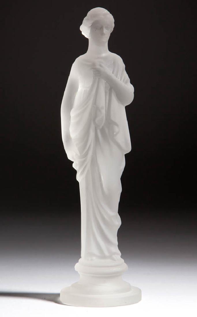 SANDWICH FROSTED MADONNA STATUE: SANDWICH FROSTED MADONNA STATUE, colorless, pressed figural Madonna raised on a single-step circular base. Made to be placed between hanging baskets of Madonna epergnes. Boston & Sandwich Glass Co. 18