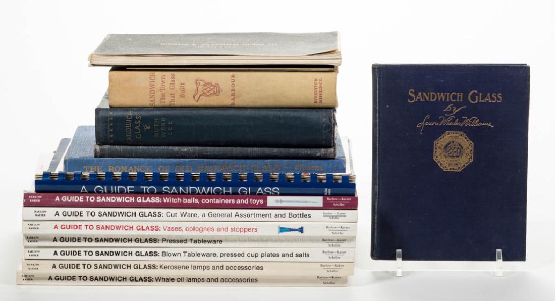 SANDWICH GLASS AND RELATED REFERENCE VOLUMES, LOT OF 15: SANDWICH GLASS AND RELATED REFERENCE VOLUMES, LOT OF 15, including Frank W. Chipman, "The Romance of Old Sandwich Glass", 1932; Lenore Wheeler Williams, "Sandwich Glass", 1922, signed and dated by the