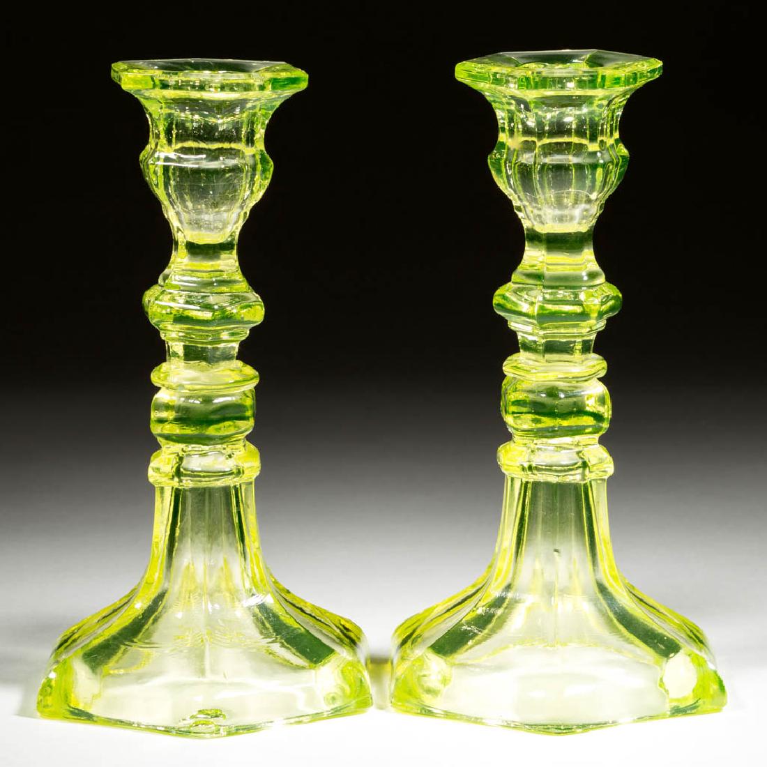 PRESSED HEXAGONAL PAIR OF CANDLESTICKS (1 of 1)