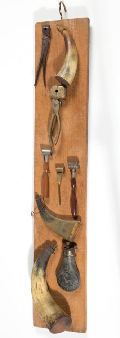 POWDER HORNS AND RELATED ARTICLES, LOT OF NINE (1 of 4)