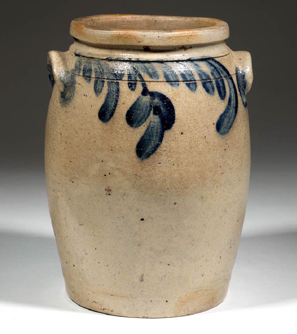 BALTIMORE, MARYLAND DECORATED STONEWARE JAR: BALTIMORE, MARYLAND DECORATED STONEWARE JAR, salt-glazed, approximately one-gallon capacity, semi-ovoid form with incised shoulder ring, collared neck, squared rim, and arched handles. Brushed cobalt 