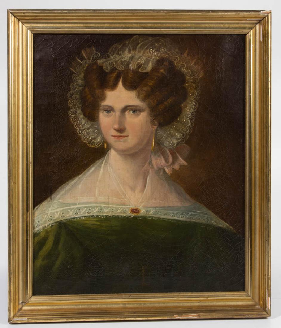 AMERICAN SCHOOL (19TH CENTURY) PORTRAIT: AMERICAN SCHOOL (19TH CENTURY) PORTRAIT, oil on canvas, depicting a lady with lace bonnet, pink bow, gold earrings, and broach, in a green dress with lace shoulder wrap, no signature located. Housed i