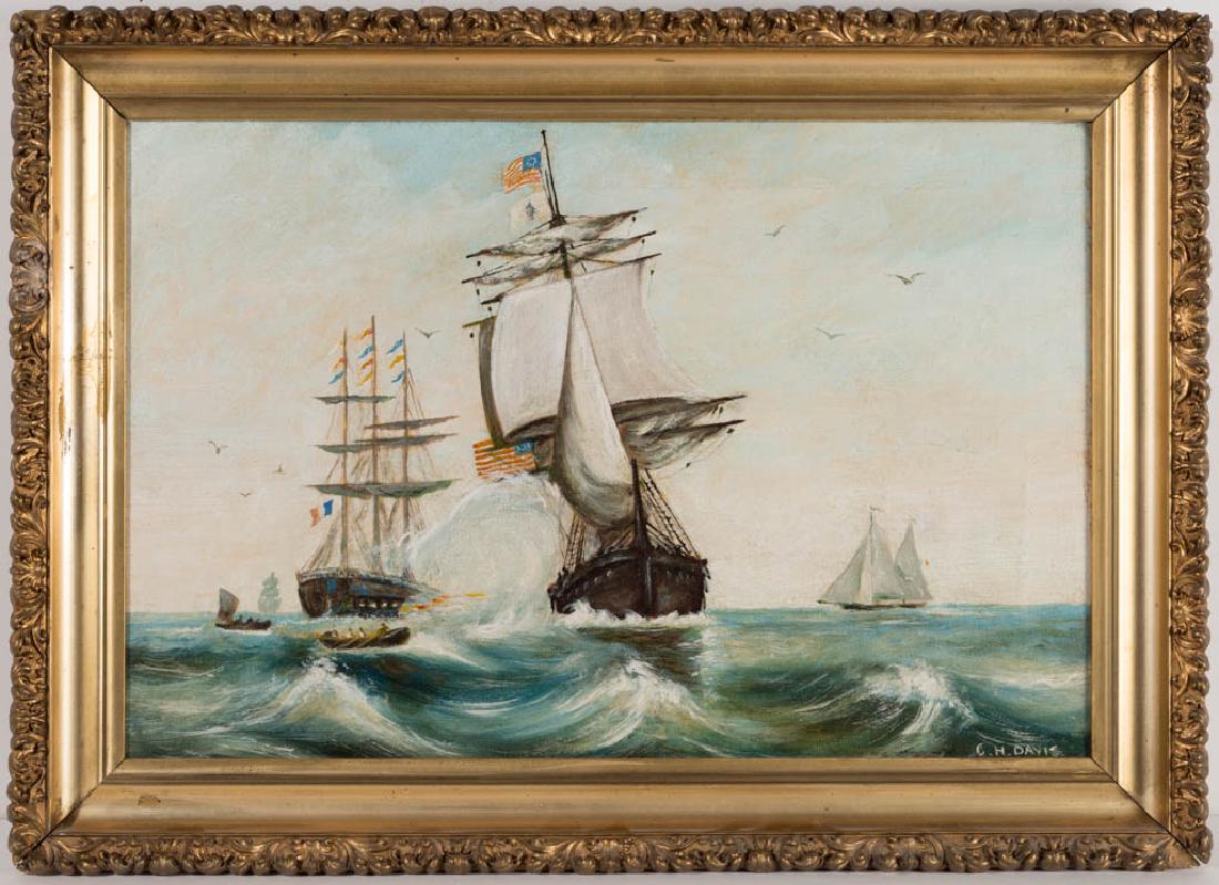 AMERICAN SCHOOL (FIRST HALF 20TH CENTRY) NAUTICAL: AMERICAN SCHOOL (FIRST HALF 20TH CENTRY) NAUTICAL PAINTING, oil on canvas, after Edward Moran, depicting the "Ranger" commanded by John Paul Jones, signed "C. H. Davis" lower right, possibly Charles H