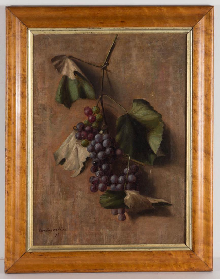 CORNELIUS HALY HANKINS (MISSISSIPPI / TENNESSEE,: CORNELIUS HALY HANKINS (MISSISSIPPI / TENNESSEE, 1863-1946) STILL-LIFE PAINTING, oil on canvas, a fine depiction in the trompe l'oeil style of ripe red grapes on a vine against a plaster wall, signed