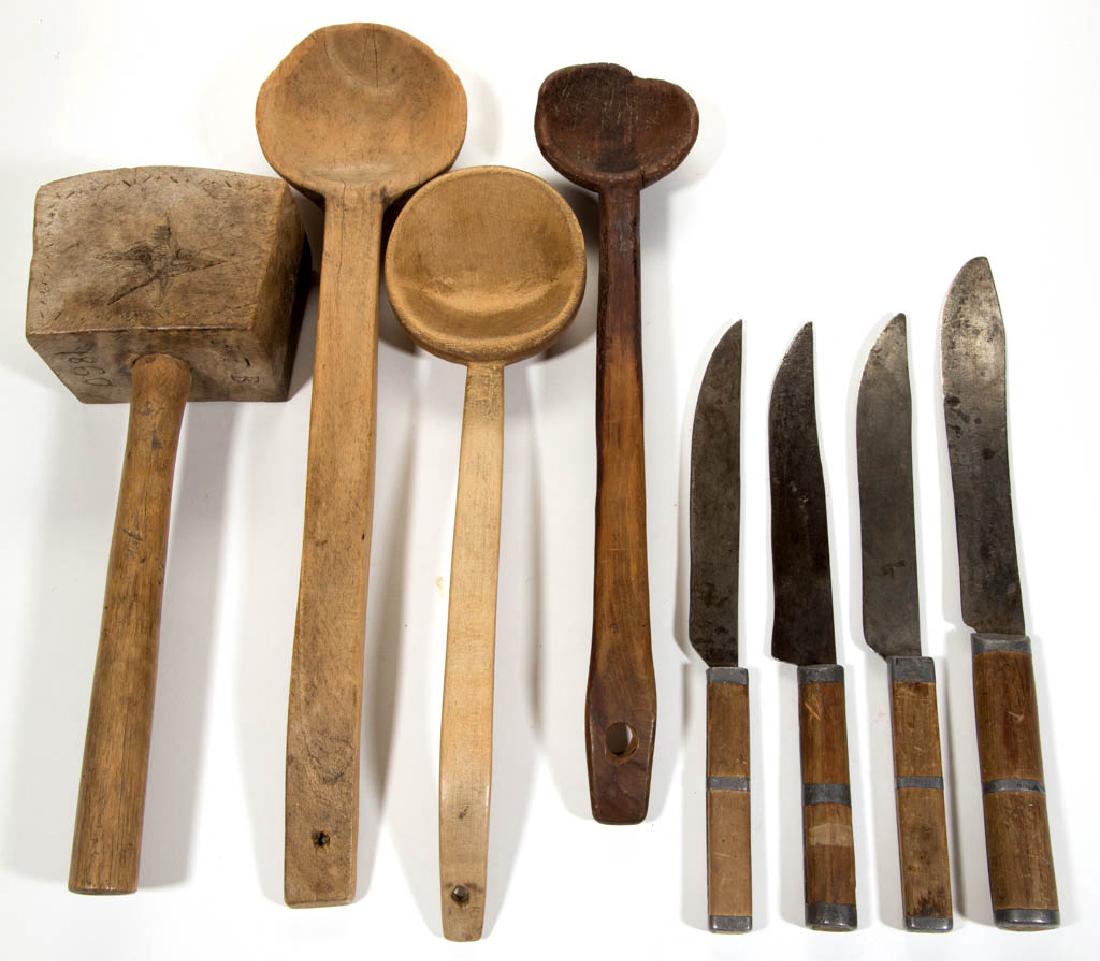 SOUTHWESTERN VALLEY OF VIRGINIA TREEN KITCHEN: SOUTHWESTERN VALLEY OF VIRGINIA TREEN KITCHEN IMPLEMENTS, LOT OF EIGHT, comprising a mallet with crude carved star and incised "J. T. B. / 1860", three carved ladles, and four steel-blade knives with 
