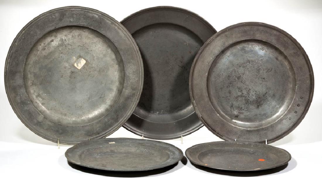 ASSORTED PEWTER PLATES, LOT OF FIVE (1 of 1)