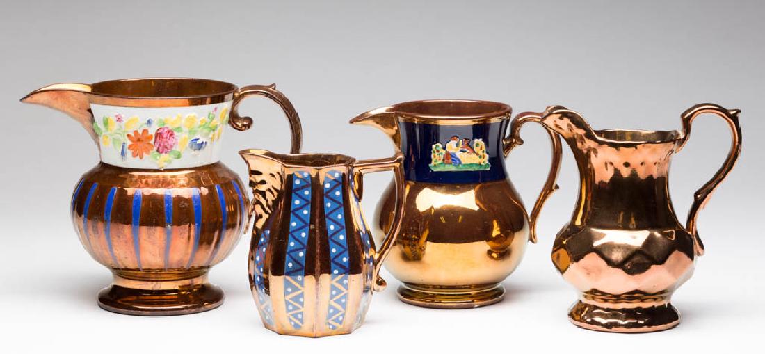ENGLISH COPPER LUSTRE CERAMIC PITCHERS, LOT OF FOUR (1 of 1)